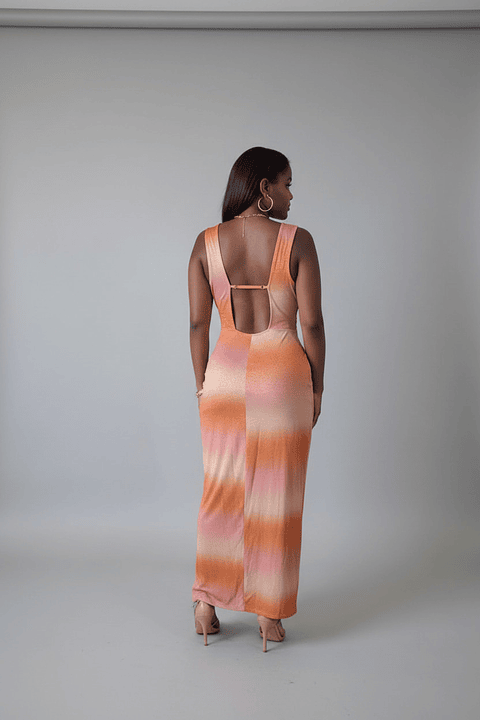 Vestido Sunset Aura Largo Degradé Naranja – Escote Elegante y Abertura, Look de Fiesta Mujer