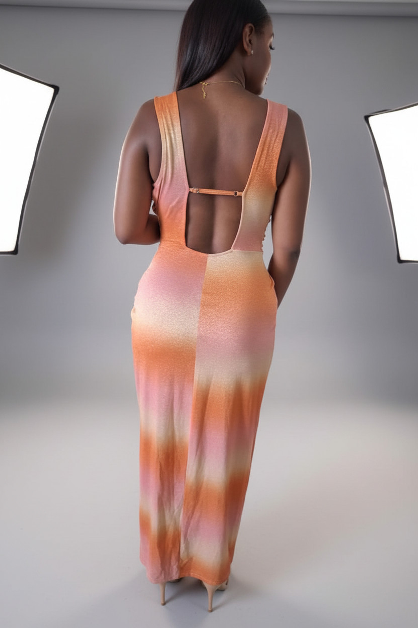 Vestido Sunset Aura Largo Degradé Naranja – Escote Elegante y Abertura, Look de Fiesta Mujer 5