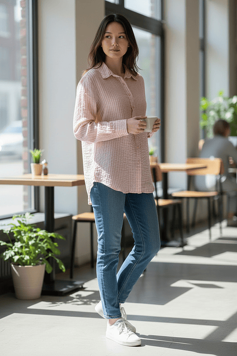 Camisa Oversize de Lino Rayas Palo de Rosa Mujer – Estilo Casual Elegante y Fresco