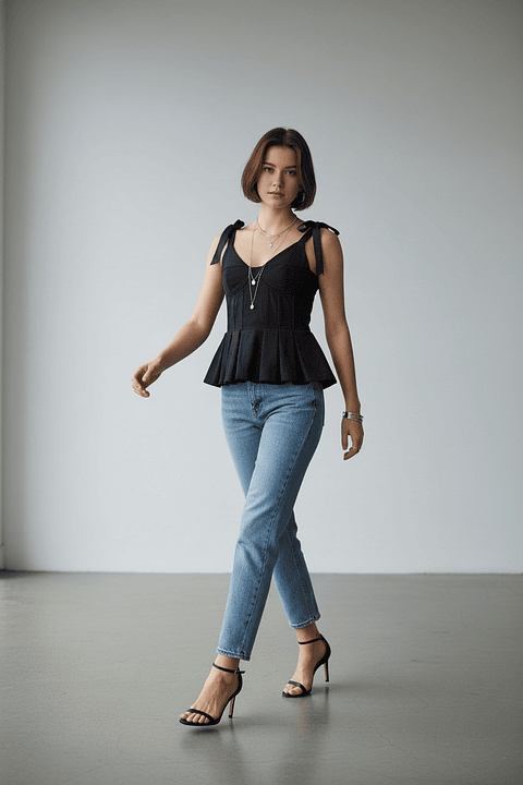 Corset Negro y Detalles en Prenses – Tiras en Cinta, Estilo Elegante Mujer