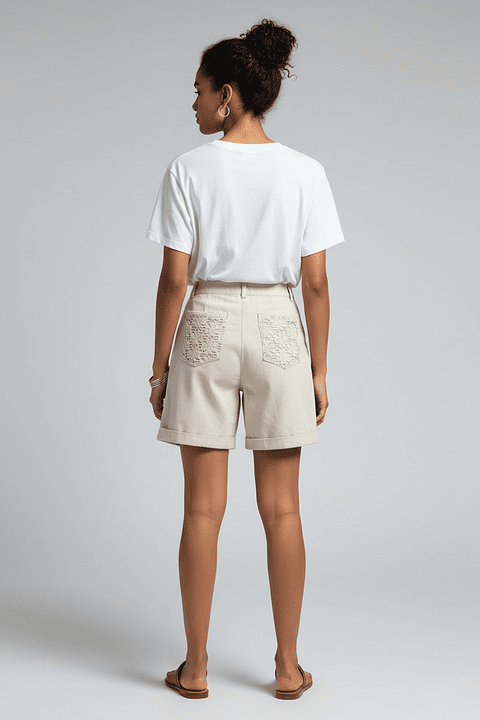 Bermuda Jean Beige Mujer con Bolsillos y Cintura Tejida – Short Cómodo y Casual Elegante