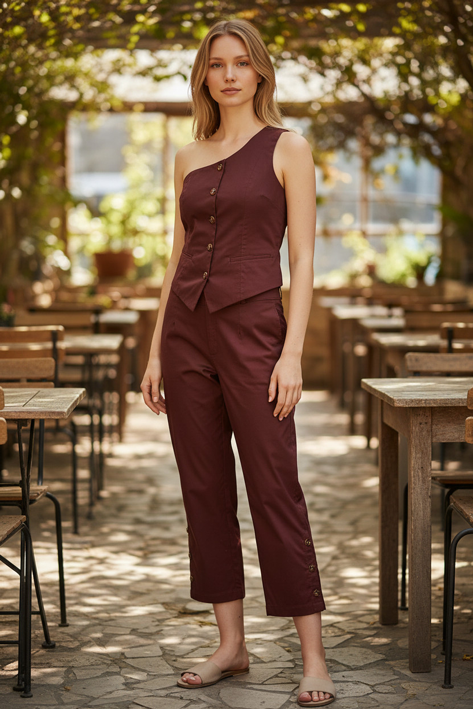 Conjunto Mujer Pantalón Café y Top Asimétrico de Una Manga – Outfit Elegante y Moderno 1