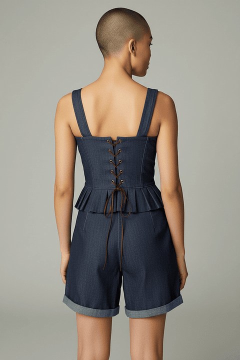 Conjunto Denim Mujer Tipo Corset con amarre – Set Jean Moderno y Ajustable