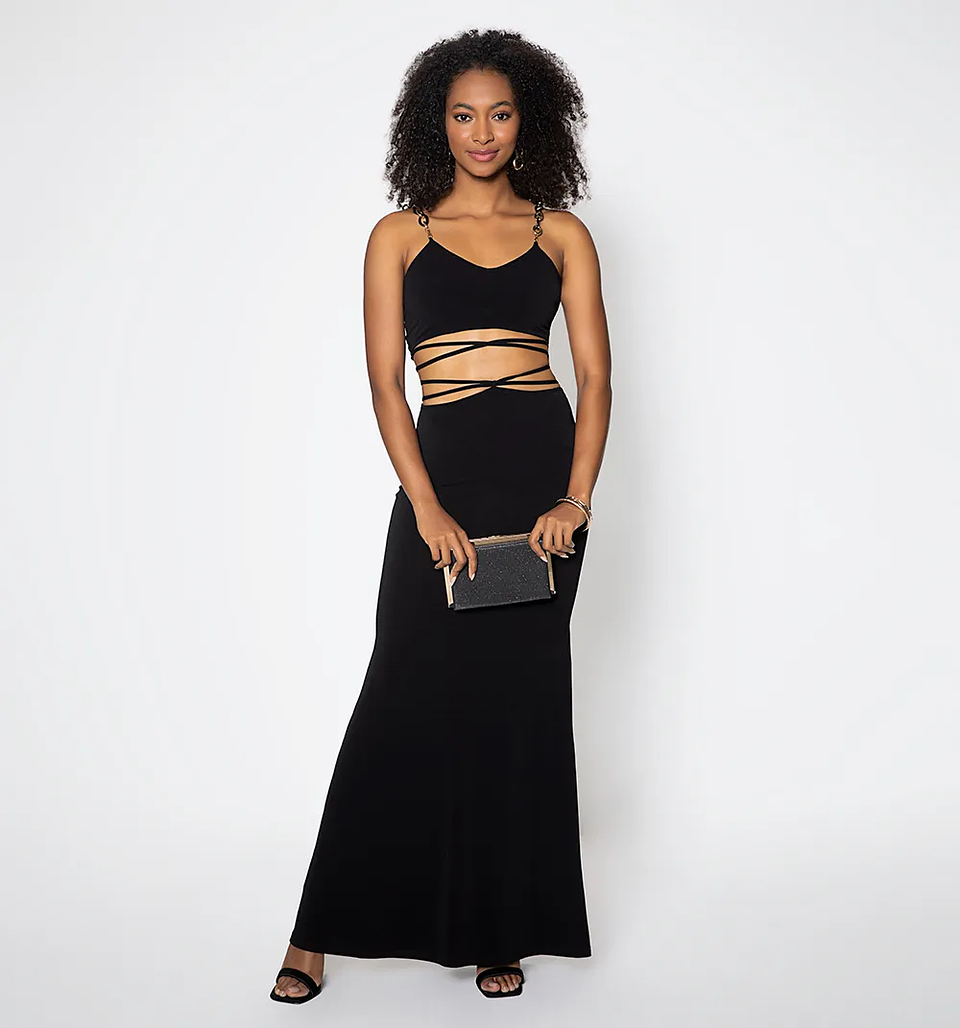 Vestido Largo Sirena Negro Mujer – Tiras Cruzadas, Elegante y Ajustado para Fiesta 1