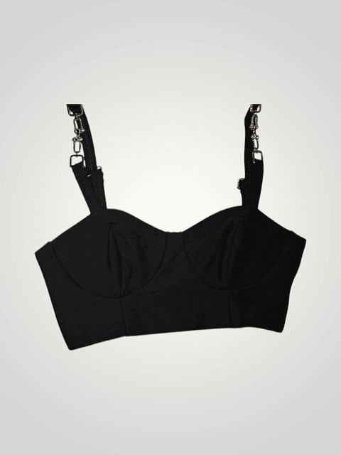 Crop Top Negro Licrado Mujer con Tiras y Arandelas – Top Ajustado Elegante y Moderno