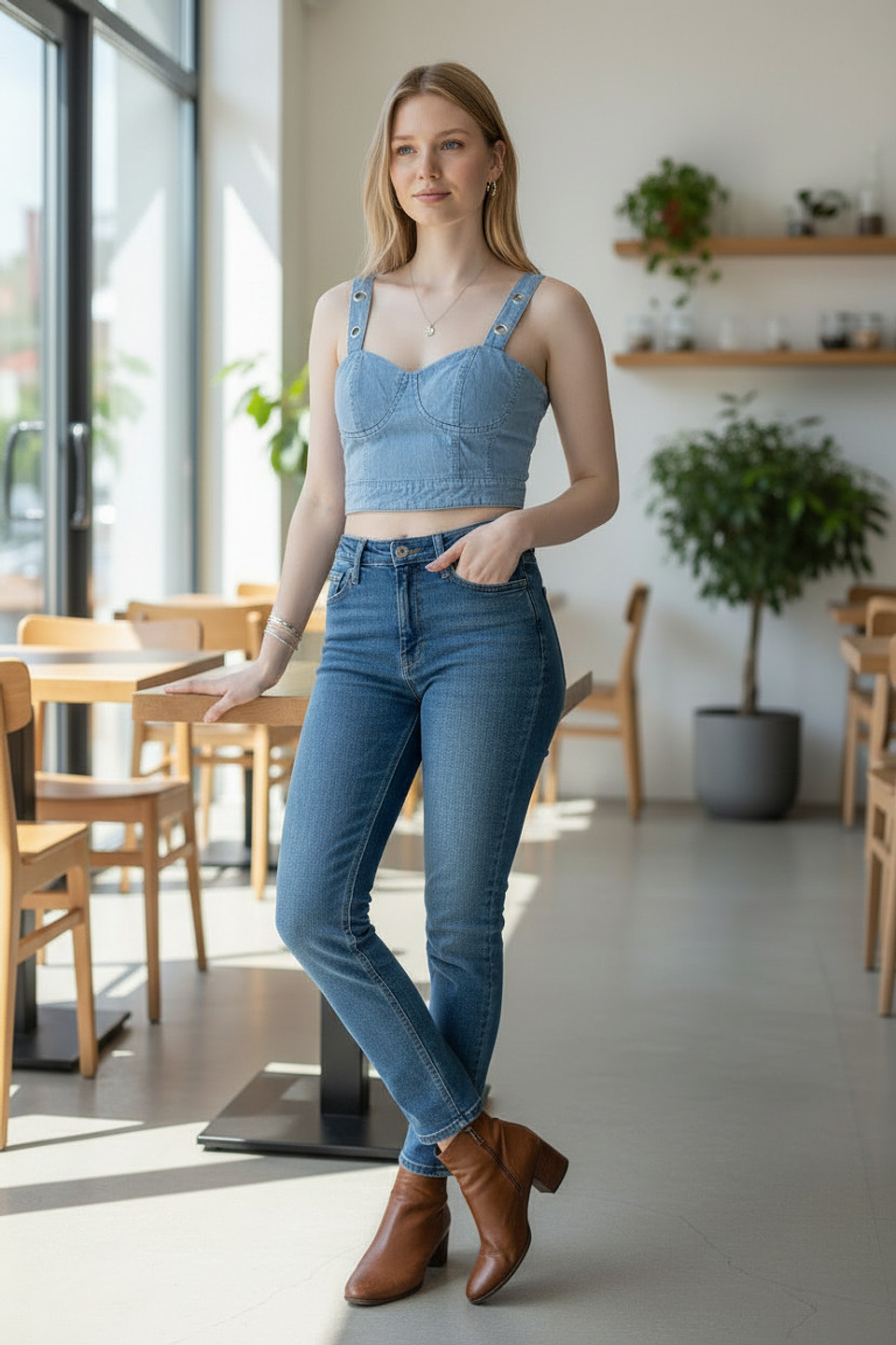 Crop Top Azul Mujer con Tiras y Argollas Plateadas – Top Ajustado Moderno y Elegante 1