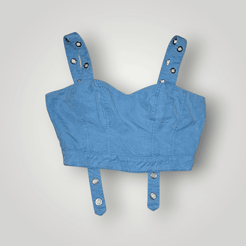 Crop Top Azul Mujer con Tiras y Argollas Plateadas – Top Ajustado Moderno y Elegante