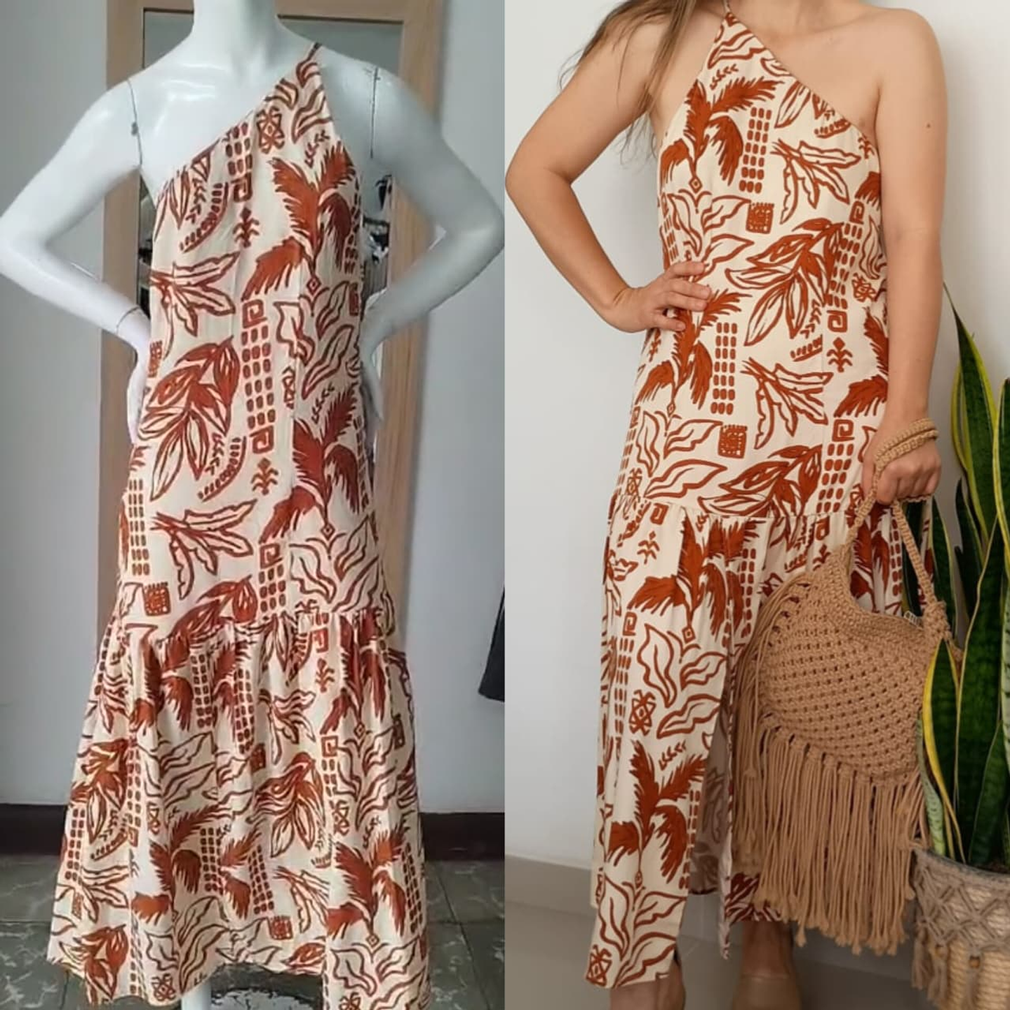 Vestido Una Manga Beige con Flores Café – Vestido Asimétrico Elegante Mujer 1