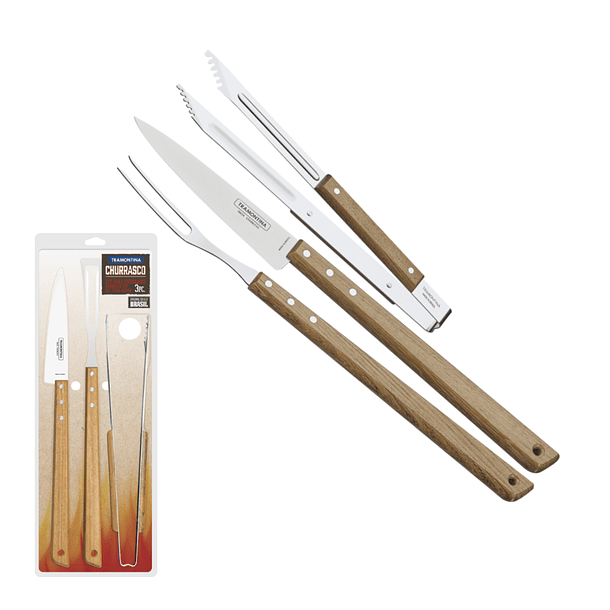 Kit para asado Tramontina de acero inoxidable y madera con pinza, 3 piezas. (Largo) 1