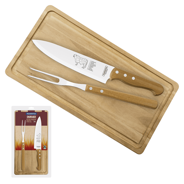 Kit para asado Tramontina con láminas de acero inoxidable y mangos de madera natural, 3 piezas. 1