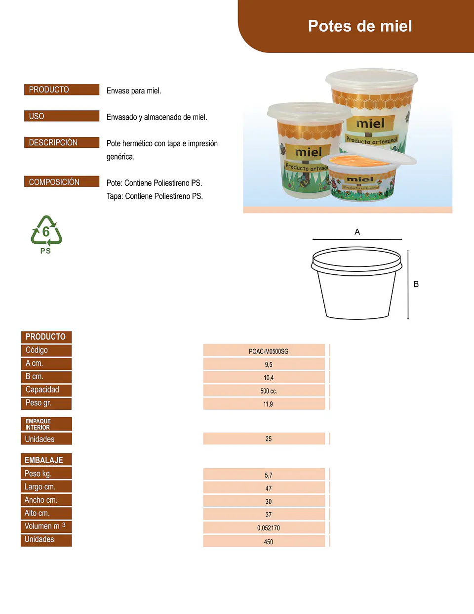 POTE MIEL PLAST C/TAPA 1/2 S.G. => 10 Unidad/es 4