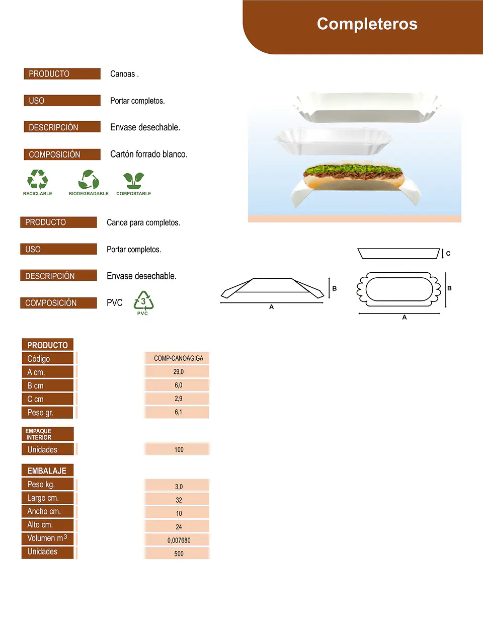 COMPLETERO CANOA CARTON GIGANTE => 100 Unidad/es 4