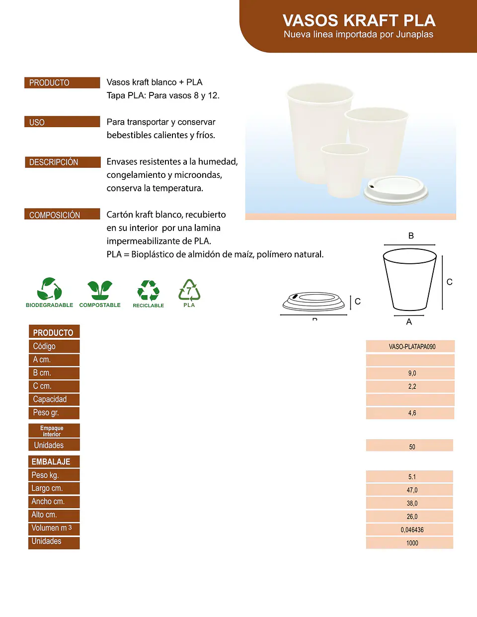 TAPA CPLA 90 VASO PLA KRAFT => 50  Unidad/es 3