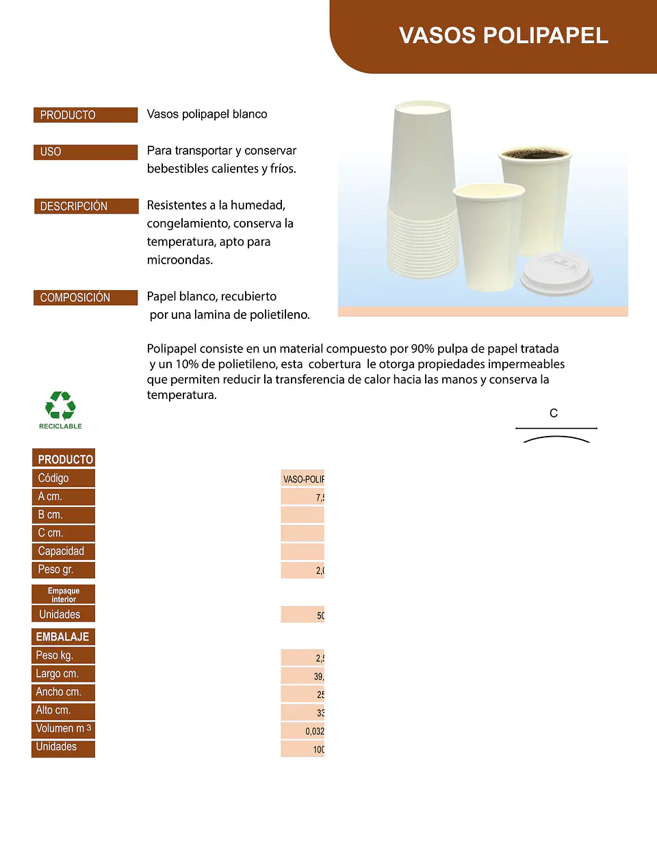 TAPA VASO POLIPAPEL 240 CC. S.G => 50 Unidad/es 3