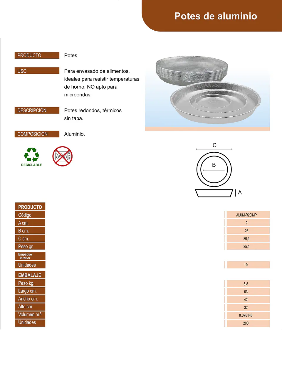 POTE ALUMINIO R-20 IMPORTADO => 10 Unidad/es 3