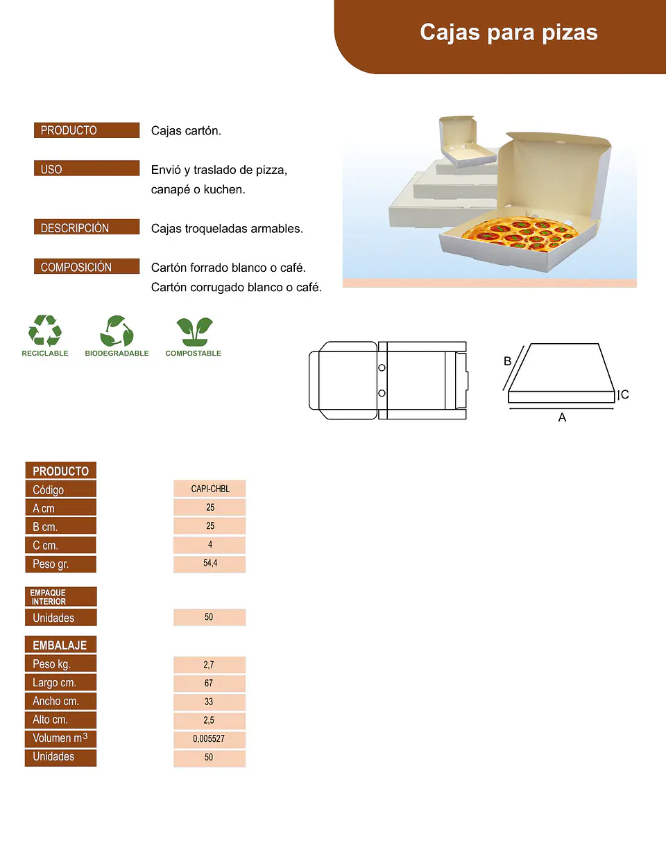 CAJA PIZZA MEDIANA BL. 25 => 10 Unidad/es 4