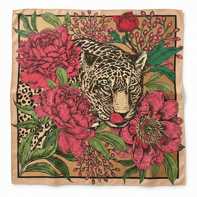 Pañoleta jaguar y peonías  