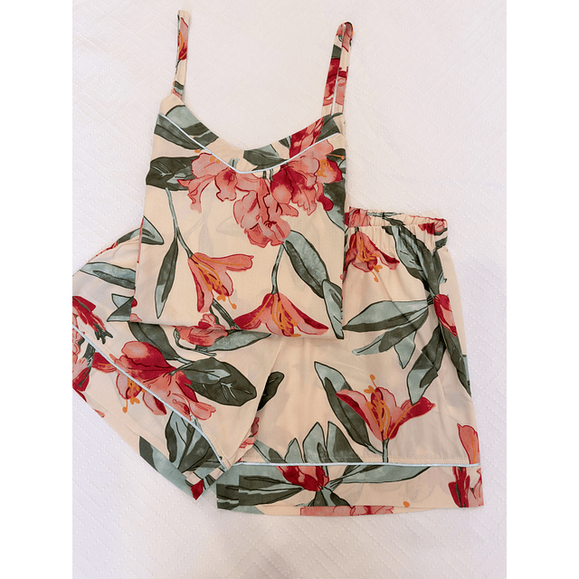 Flores rojas sobre crema - Tiras y short (rayón)