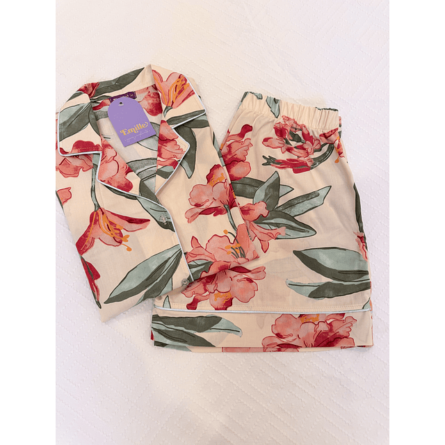 Flores rojas sobre crema - Manga corta y short (rayón)