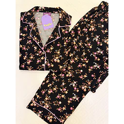 Rositas sobre negro - manga corta y pantalón (rayón)