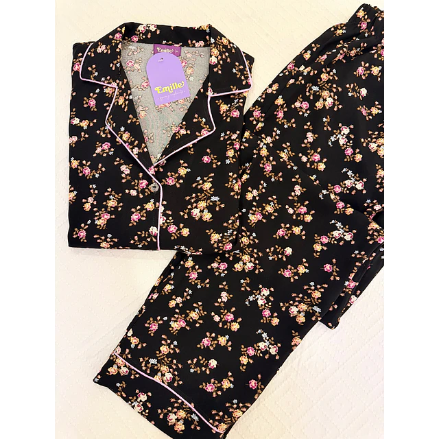 Rositas sobre negro - manga corta y pantalón (rayón)