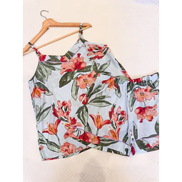 Flores rojas sobre celeste - Tiras y pantalón (rayón)