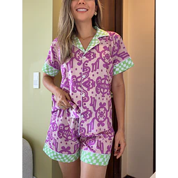 Arabescos magenta combinados - manga corta y short (seda)