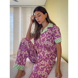 Arabescos magenta combinados - manga corta y pantalón (seda)