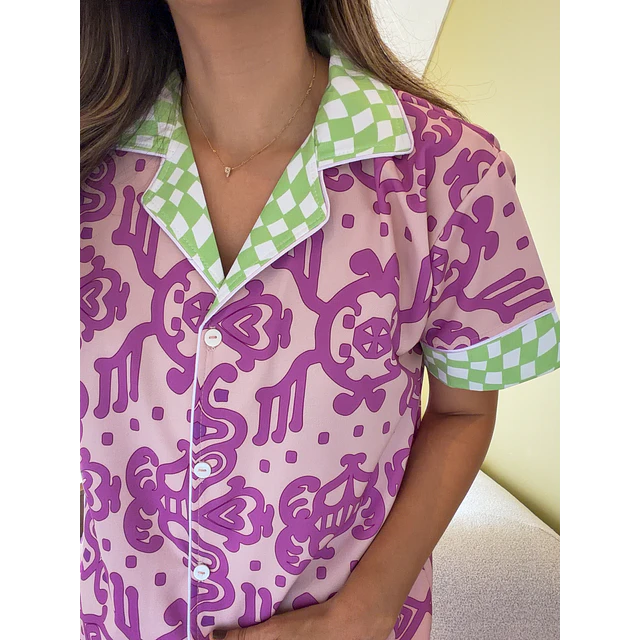 Arabescos magenta combinados - manga corta y pantalón (seda)