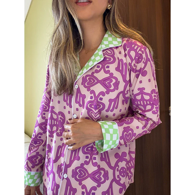 Arabescos magenta combinados - manga larga y pantalón (seda)