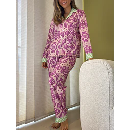 Arabescos magenta combinados - manga larga y pantalón (seda)