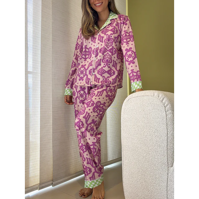 Arabescos magenta combinados - manga larga y pantalón (seda)