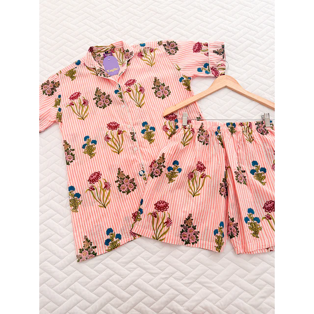 Florecitas rayas rosadas - manga corta y short (algodón)