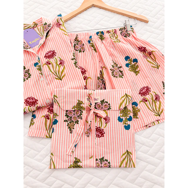 Florecitas rayas rosadas - manga corta y short (algodón)