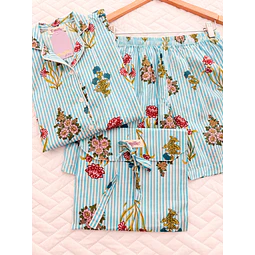 Florecitas rayas azules - manga corta y short (algodón)