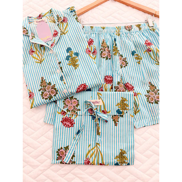Florecitas rayas azules - manga corta y short (algodón)
