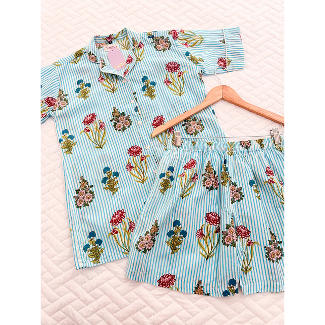 Florecitas rayas azules - manga corta y short (algodón)