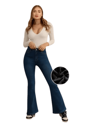 Jeans Flare Forrado De Polar Elasticado Push Up Tiro Alto