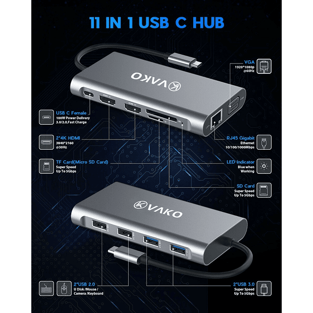 Adaptador Hub Vako 11en1 Usb C Hdmi Red Tab S8 Plus X800