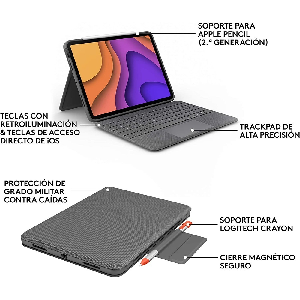 Case Con Teclado Logitech Folio Touch Para iPad Air 4 (2020) / iPad Air 5 (2022) A2324 A2325 A2588 A2589 A2316 A2072 Color Dark Gray 6