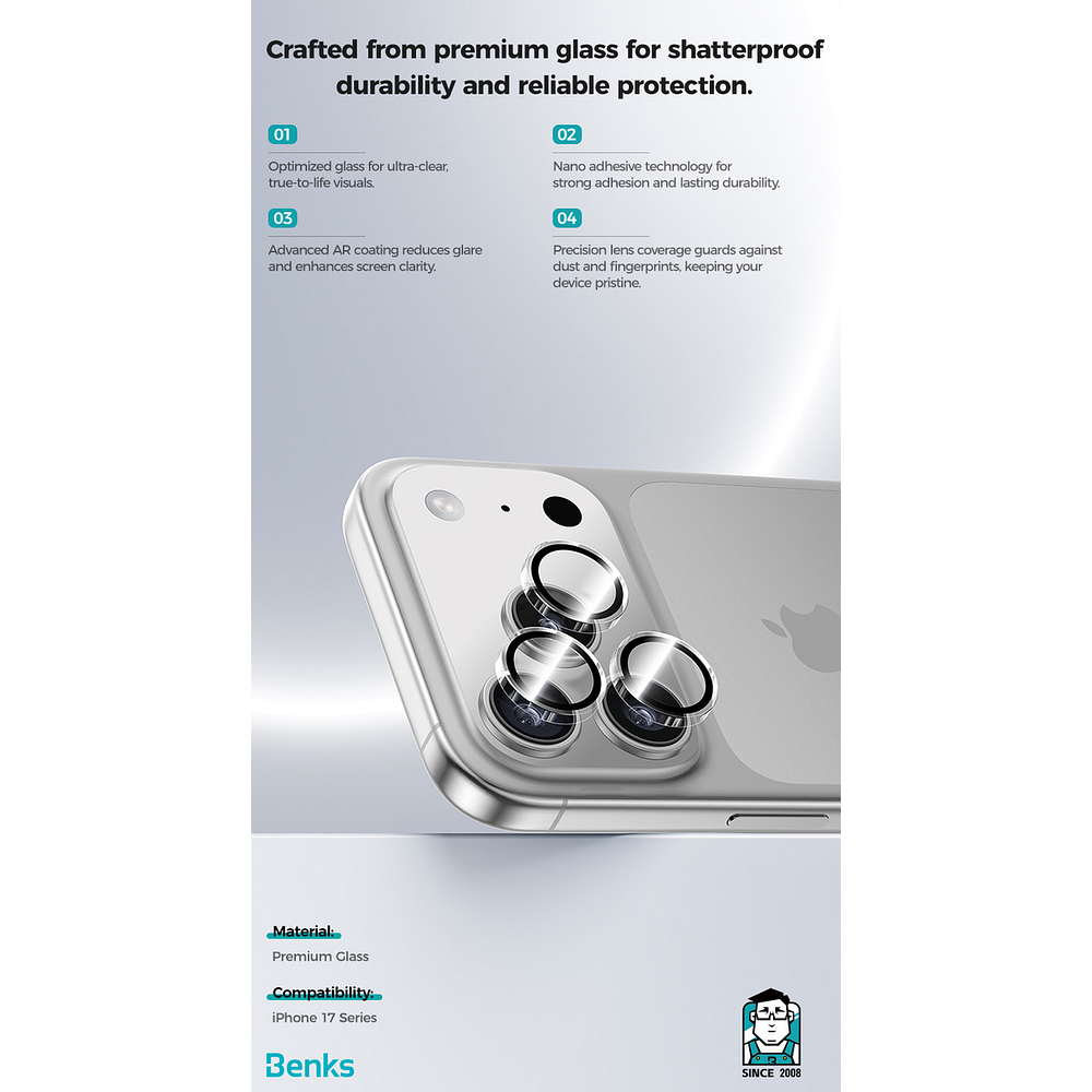 Mica Cámara Benks Glass 0.4mm Para Iphone 17 Pro Max 6.9 3pc 5