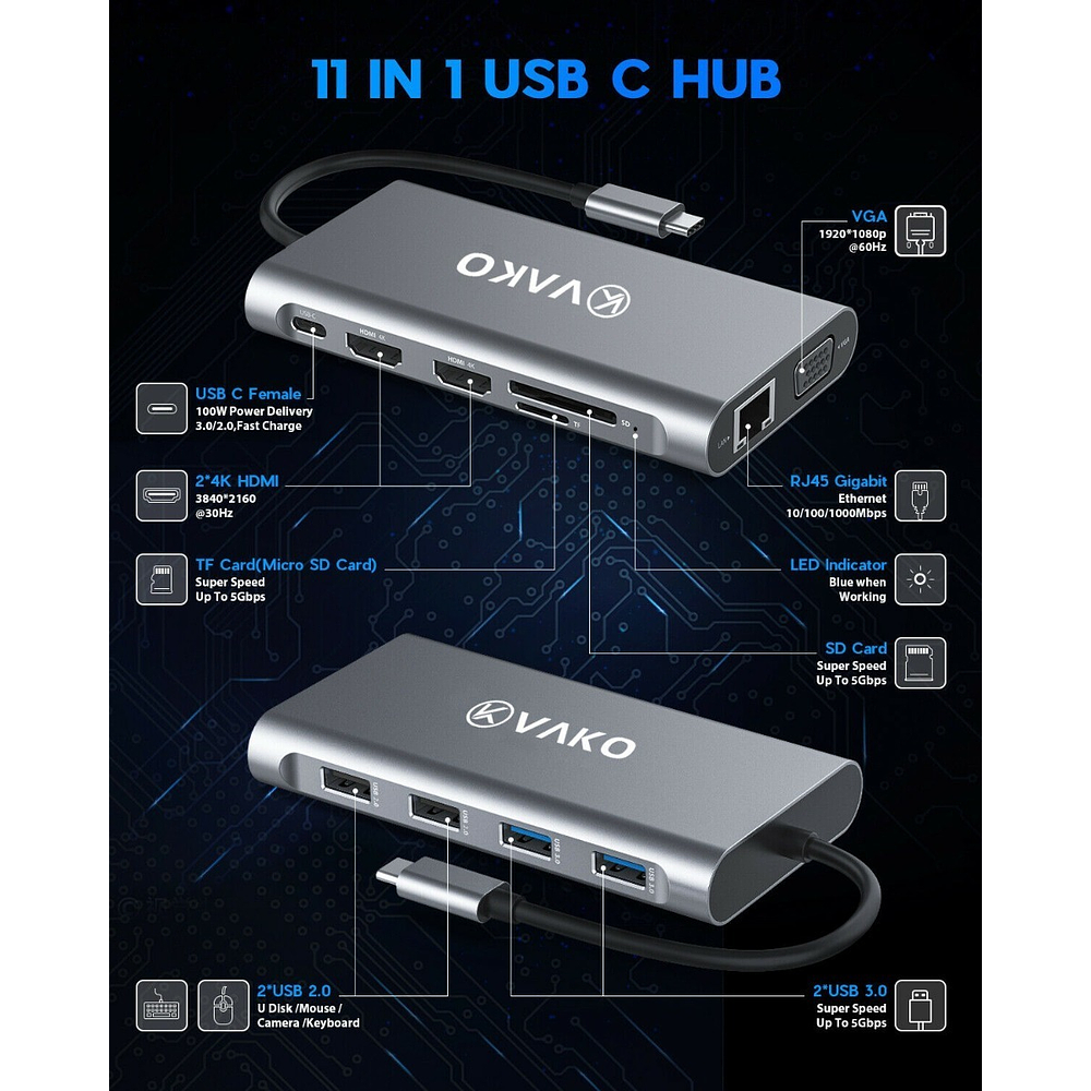 Adaptador Hub Vako 11en1 Usb C Hdmi Red Tab S11 Ultra X930 2