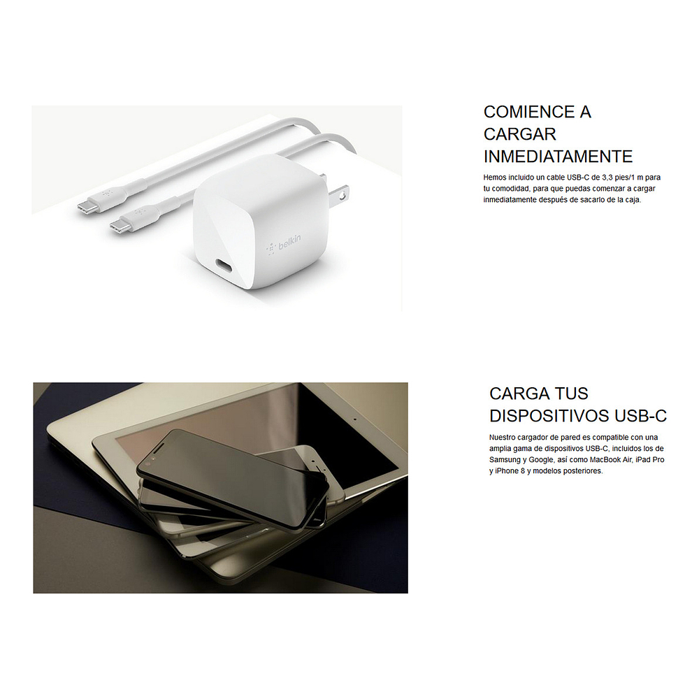 Cargador de Pared Belkin 30w Para iPhone 17 Pro Max 6.9 | iPhone 17 Pro 6.3 | iPhone 17 Normal 6.3 | iPhone 17 Air 6.5 + Cable 7