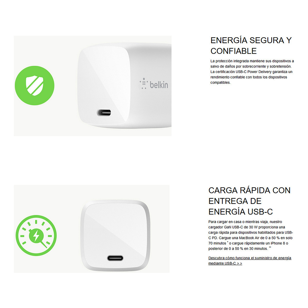 Cargador de Pared Belkin 30w Para iPhone 17 Pro Max 6.9 | iPhone 17 Pro 6.3 | iPhone 17 Normal 6.3 | iPhone 17 Air 6.5 + Cable 8