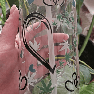 Vaso de Vidrio con Tapa de Bambú – Diseño Hoja de Marihuana (530 ml) 🔥🍃