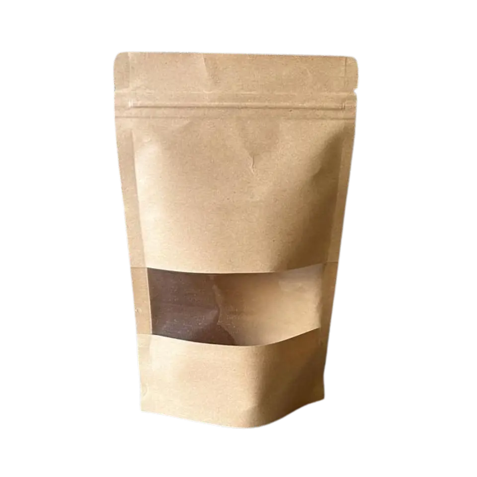 50 Bolsas Doypack  10x15 cm con Sello Hermético de Papel Kraft con Ventana 1