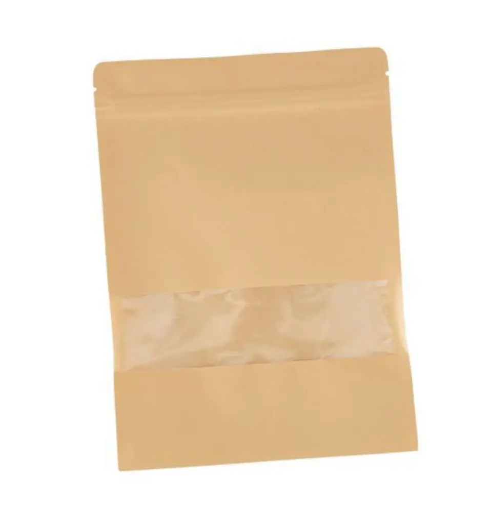 50 Bolsas Doypack  10x15 cm con Sello Hermético de Papel Kraft con Ventana 9