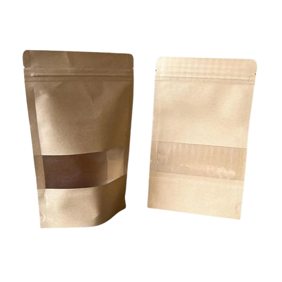 50 Bolsas Doypack  14x19 cm con Sello Hermético de Papel Kraft con Ventana 2