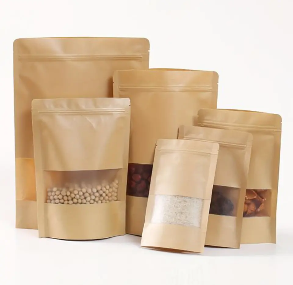 50 Bolsas Doypack  18x30 cm con Sello Hermético de Papel Kraft con Ventana 6