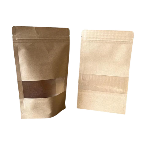 50 Bolsas Doypack  16x22 cm con Sello Hermético de Papel Kraft con Ventana